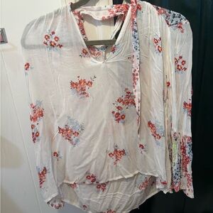 Lucky Brand Ivory Blouse with Red and Blue Floral Design